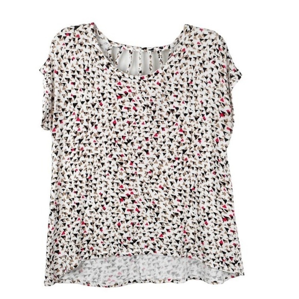 APT 9 Womens Blouse PS Ivory Multi Short‎ Sleeve Geometric Print Cutout Back